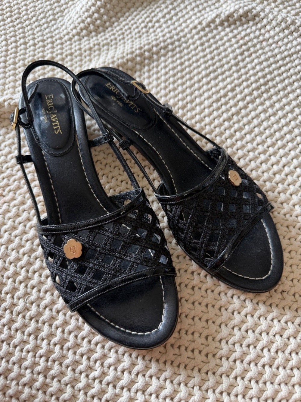 Eric Javits Black Woven Open-Toe Slingback Sandals